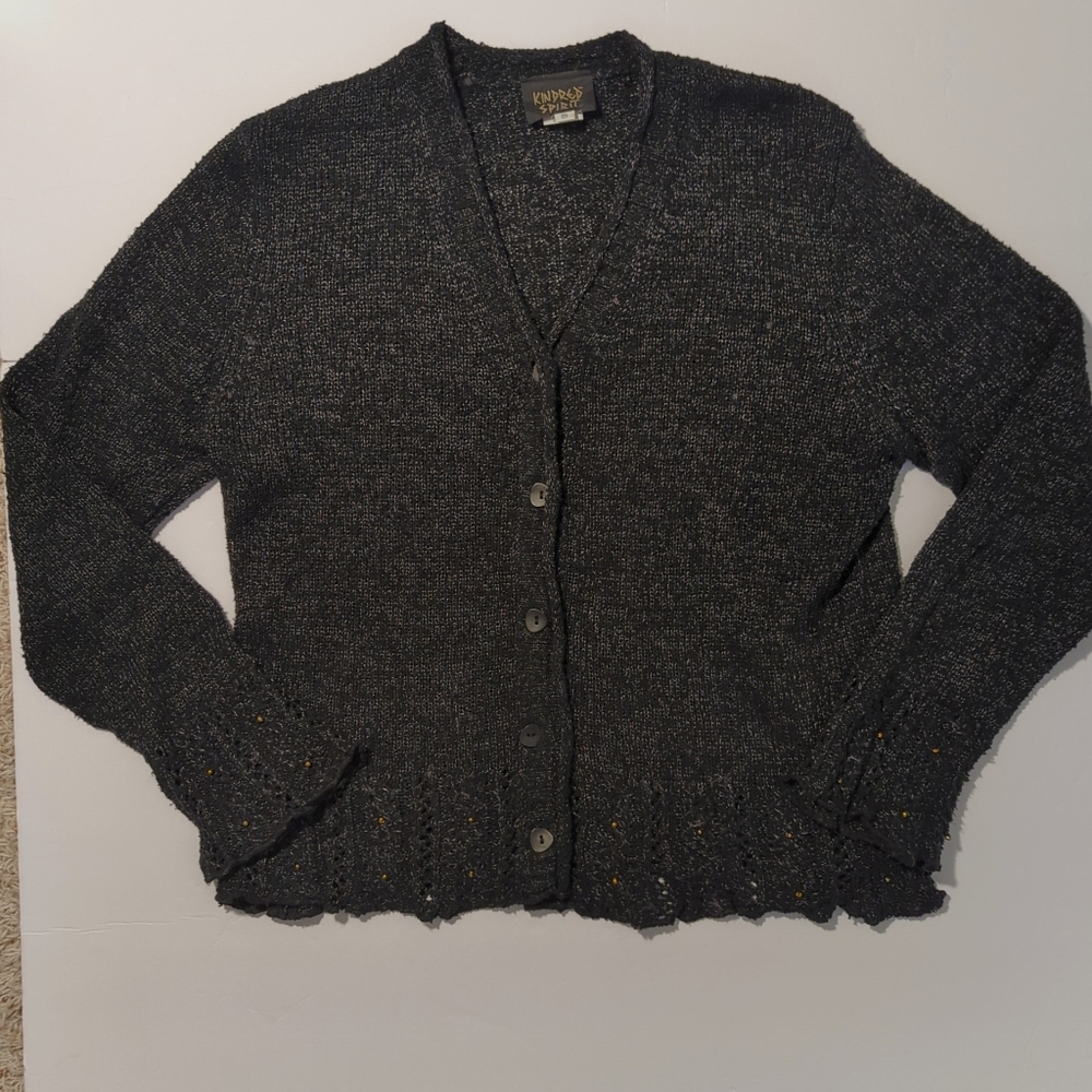 Kindred Spirit Black Knit Button Cardigan Silk Linen -Women's Size Small Crochet